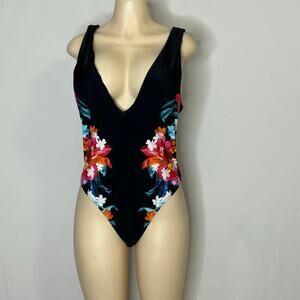 Ashley Graham Swimsuit 16 One Piece Plunge Floral High Cut Open Back NWT